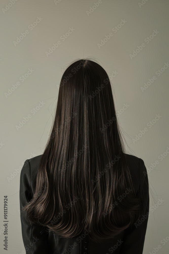Naklejka premium a woman with long hair standing in front of a gray wall