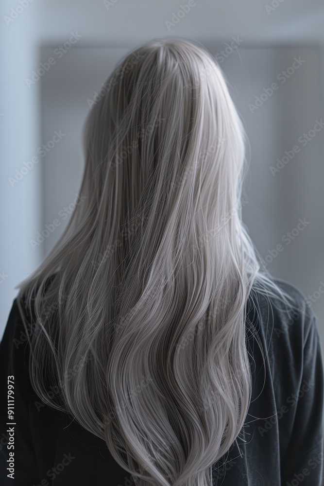 Naklejka premium a woman with long white hair is looking at a mirror