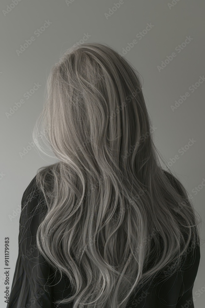 a woman with long gray hair is looking at her back a woman with long gray hair is looking at her back
