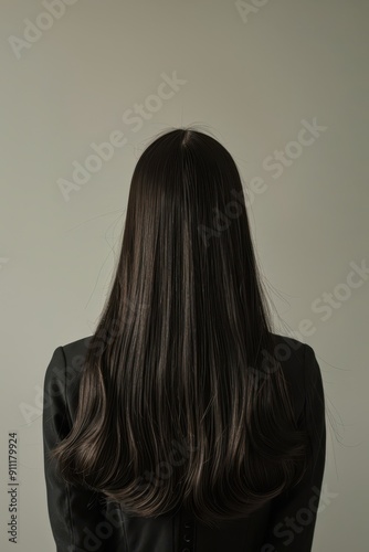 a woman with long hair standing in front of a gray wall