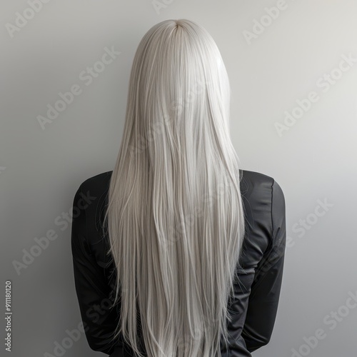 a woman with long white hair standing in front of a wall photo