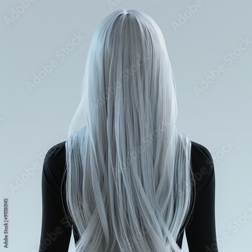 a woman with long white hair standing in front of a gray background