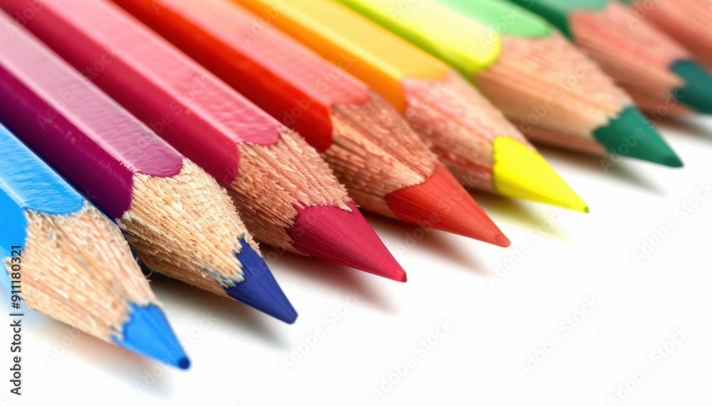 Vibrant Collection of Colored Pencils Lined Up in Bright Array on White Background Vibrant Collection of Colored Pencils Lined Up in Bright Array on White Background
