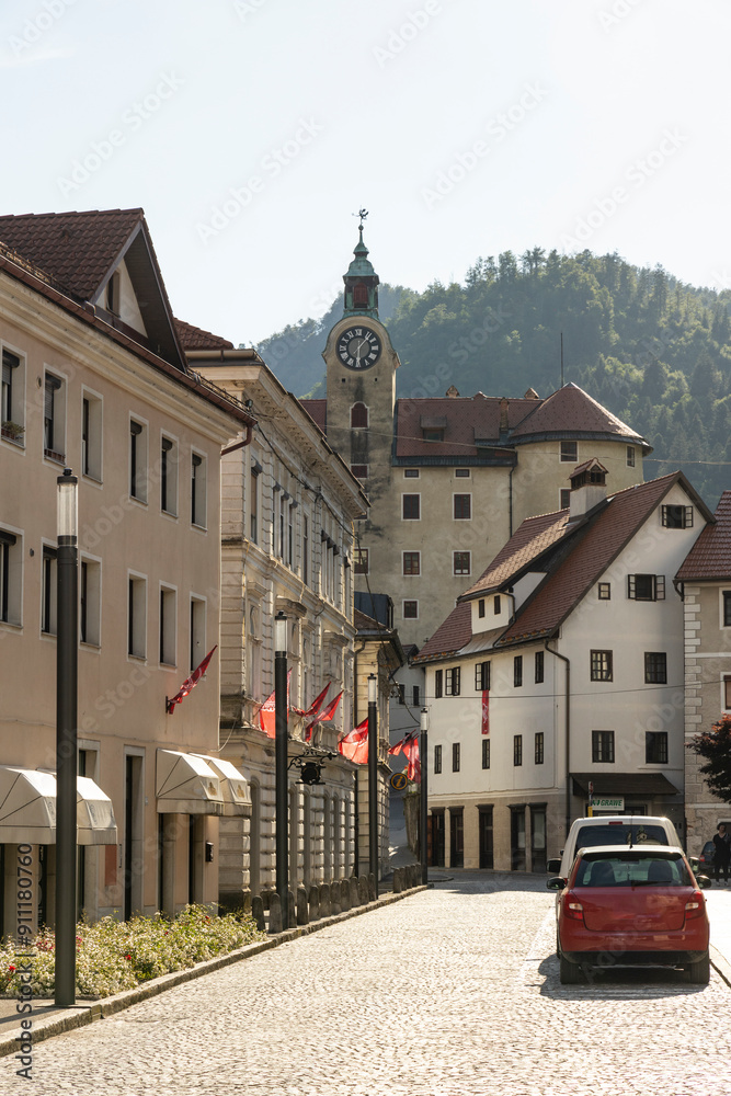Obraz premium Idrija, a city famous for the second largest mercury mine in the world. Famous place for textile arts of embroidery. City museum, old town and Antonijev Rov mine museum. Rich history of Slovenia.