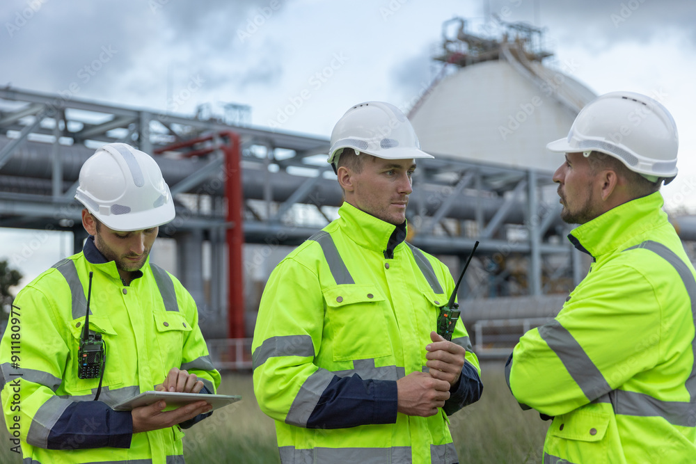 Team professional electrical engineer safety uniform working together at station refining oil petrochemical using tablet. Industrial factory site control energy power station. Team professional electrical engineer safety uniform working together at station refining oil petrochemical using tablet. Industrial factory site control energy power station.