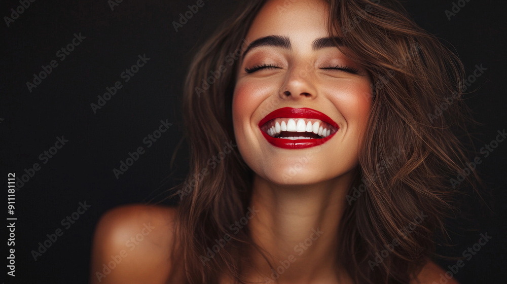 A woman with red lips is smiling and laughing A woman with red lips is smiling and laughing