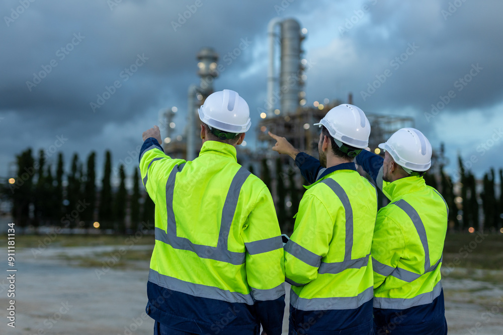 Successful of team professional electrical engineer safety uniform working together show hand using tablet power plant or station refining oil petrochemical evening time. Successful of team professional electrical engineer safety uniform working together show hand using tablet power plant or station refining oil petrochemical evening time.