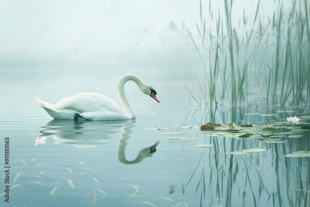 Obraz premium A serene scene of a mute swan gliding on a calm lake, surrounded by reeds and lily pads.