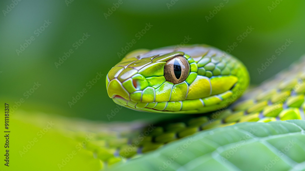 Green Snake Closeup in Nature Photography. Captivating Wildlife Image of a Green Snake Surrounded by Lush Green Foliage. Macro Shot Highlighting the Beauty of Wildlife Green Snake Closeup in Nature Photography. Captivating Wildlife Image of a Green Snake Surrounded by Lush Green Foliage. Macro Shot Highlighting the Beauty of Wildlife