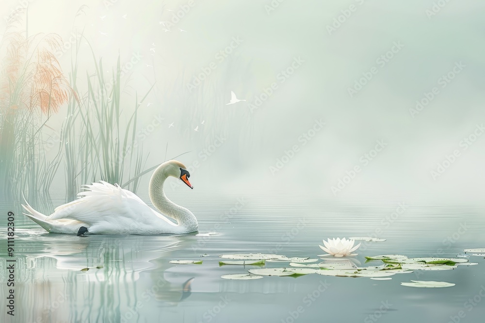 Fototapeta premium A serene scene of a mute swan gliding on a calm lake, surrounded by reeds and lily pads.