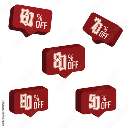 A set of flat red numbers at a discount. Collection of discount tags. 50%, 60%, 70%, 80%, 90%, percentage - vector illustration.
