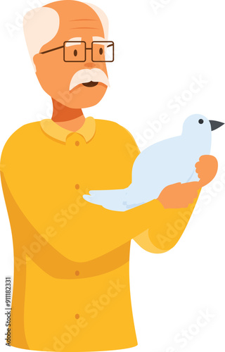 Elderly man is gently holding a white dove, representing peace, hope, and tranquility