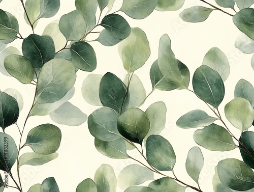Painting of eucalyptus leaves in sage green color on a light beige background in impressionist style seamless pattern