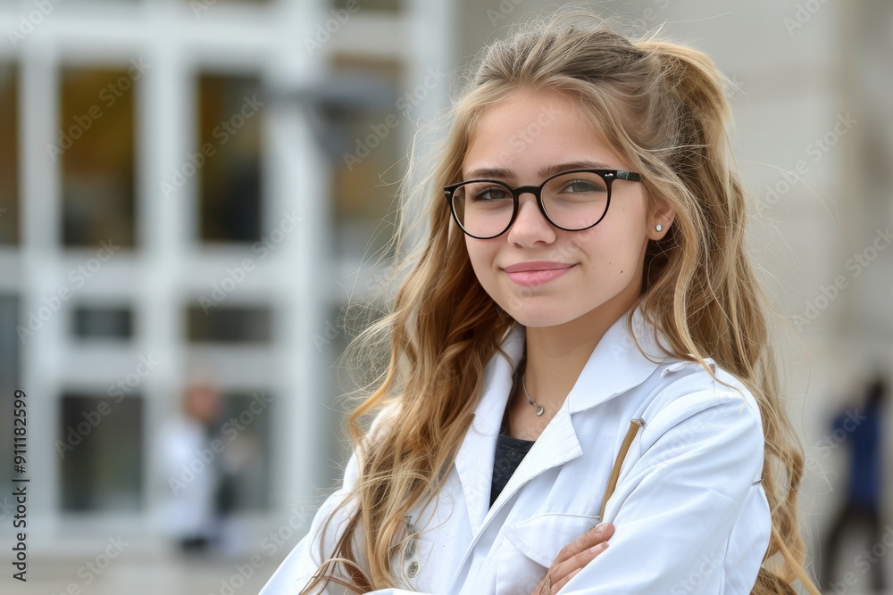 Young Woman Wearing Glasses and a White Lab Coat Stands Outside a Building Young Woman Wearing Glasses and a White Lab Coat Stands Outside a Building
