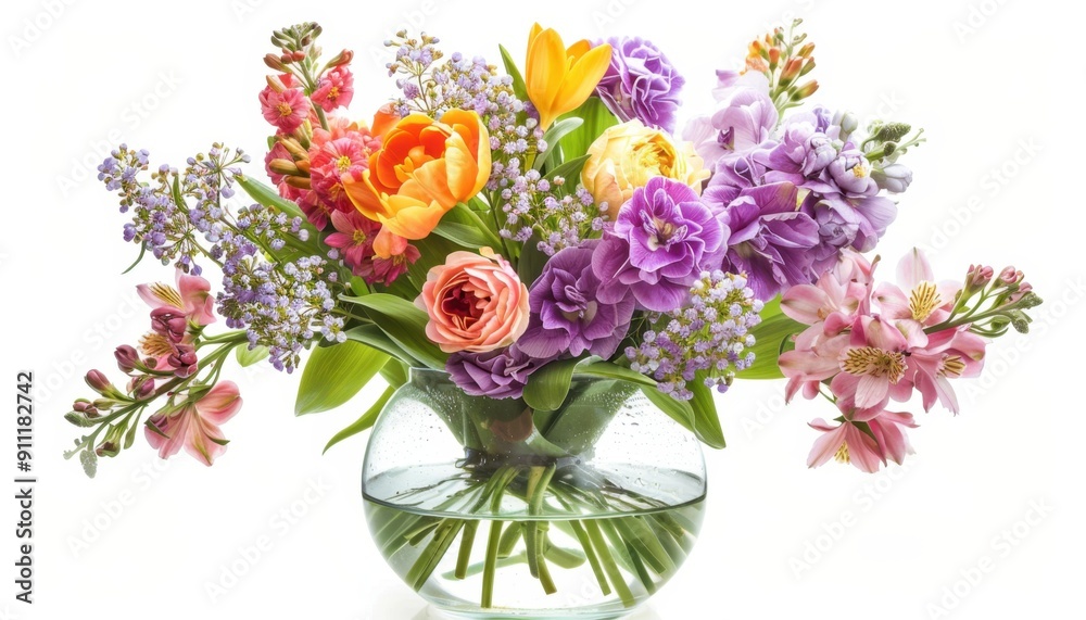 Colorful Spring Bouquet of Fresh Flowers in a Clear Glass Vase Colorful Spring Bouquet of Fresh Flowers in a Clear Glass Vase