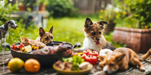 Cute dogs looking at delicious food on a table with brown and white colors, a perfect image for summer cookout and pet lovers. 
