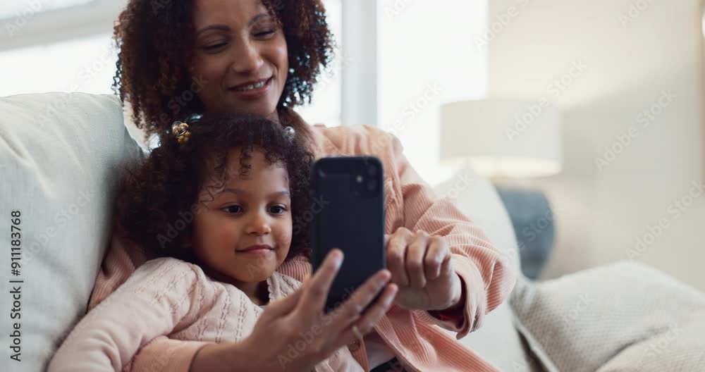 Home, mother and kid with selfie on sofa for happy memory, profile picture update or social media post. Family, woman or girl child with photography on couch with smile for bonding together with love Home, mother and kid with selfie on sofa for happy memory, profile picture update or social media post. Family, woman or girl child with photography on couch with smile for bonding together with love