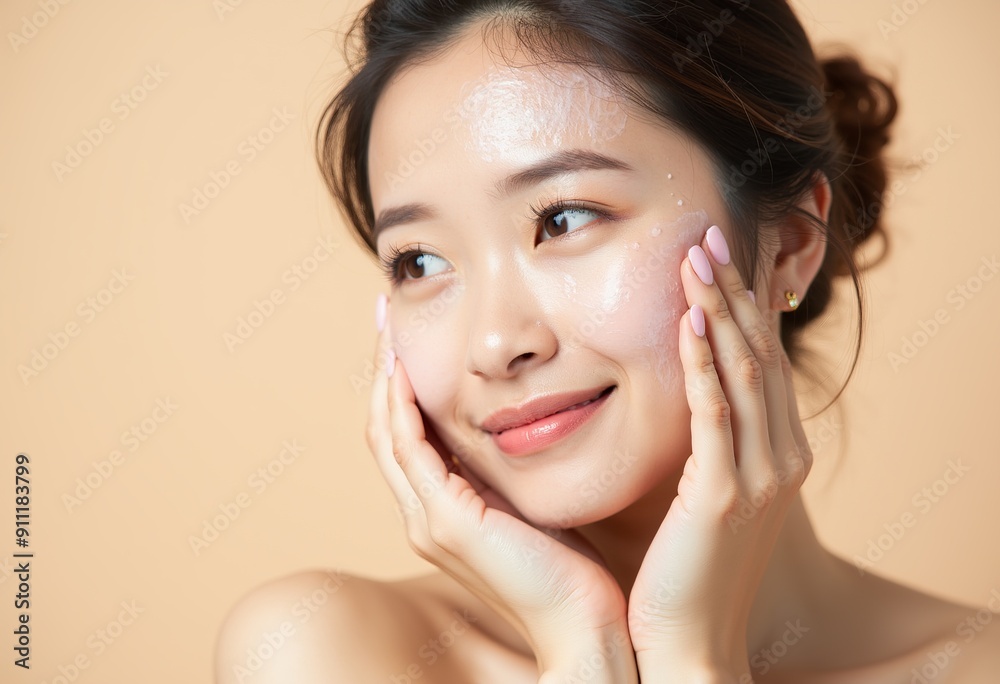 Fototapeta premium Natural Beauty, Asian Woman with Clear Skin: Perfect for Cosmetic and Beauty Magazines