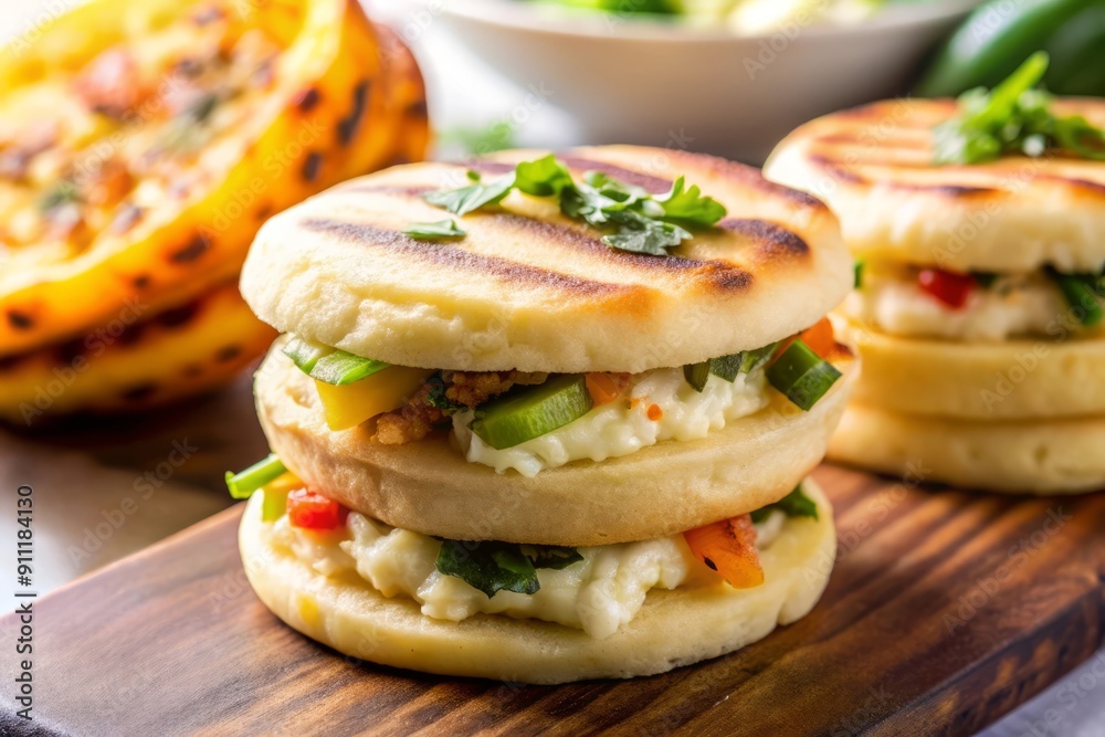 Grilled Arepas with Cheese, Vegetables, and Basil. Grilled Arepas with Cheese, Vegetables, and Basil.