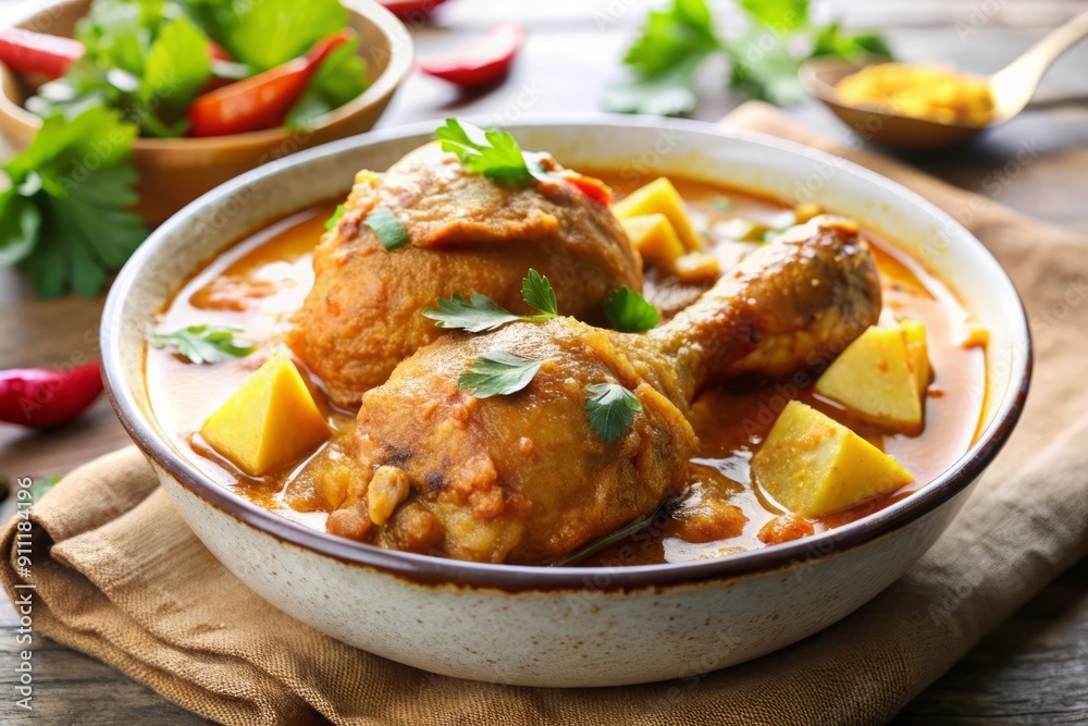 Delicious Chicken Curry with Potatoes and Parsley (Thai Massaman Curry with Chicken). Delicious Chicken Curry with Potatoes and Parsley (Thai Massaman Curry with Chicken).