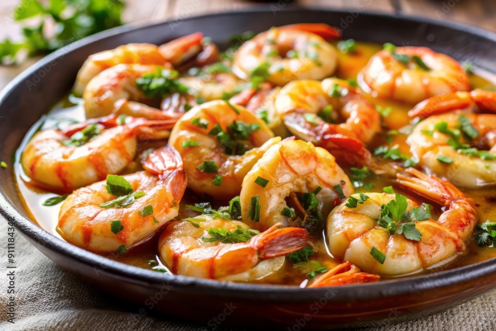 Delicious Cooked Shrimp with Parsley and Sauce in a Bowl. Delicious Cooked Shrimp with Parsley and Sauce in a Bowl.