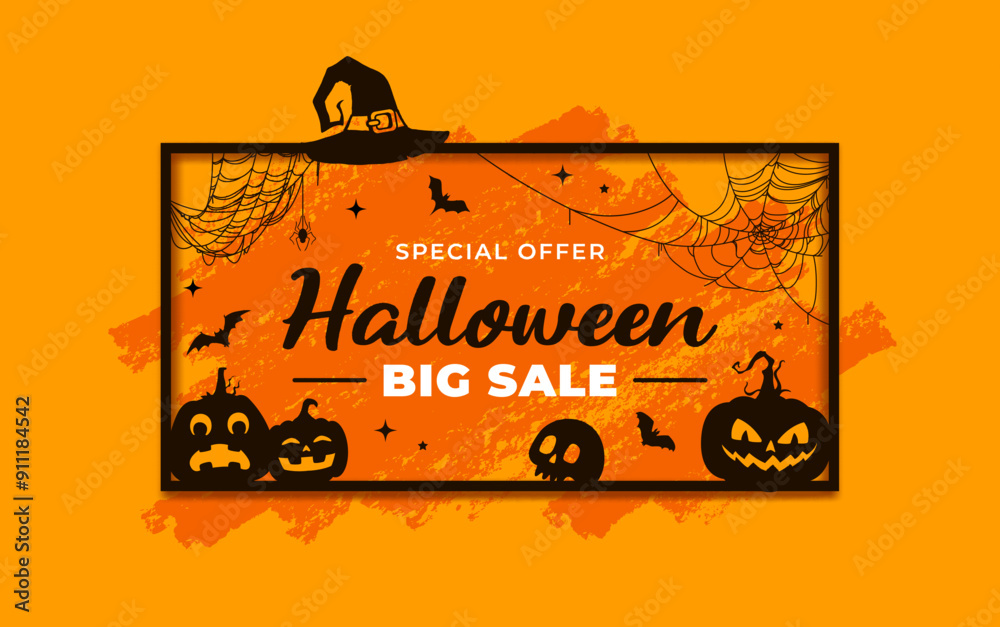 Halloween grunge sale banner with vector silhouettes of horror pumpkins, bats, witch hat and skull in black frame with spider and cobweb. Halloween holiday special offer, trick or treat season sale