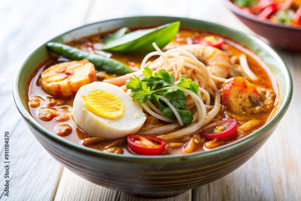 Delicious Malaysian Laksa Soup with Shrimp, Egg, and Vegetables. Delicious Malaysian Laksa Soup with Shrimp, Egg, and Vegetables.