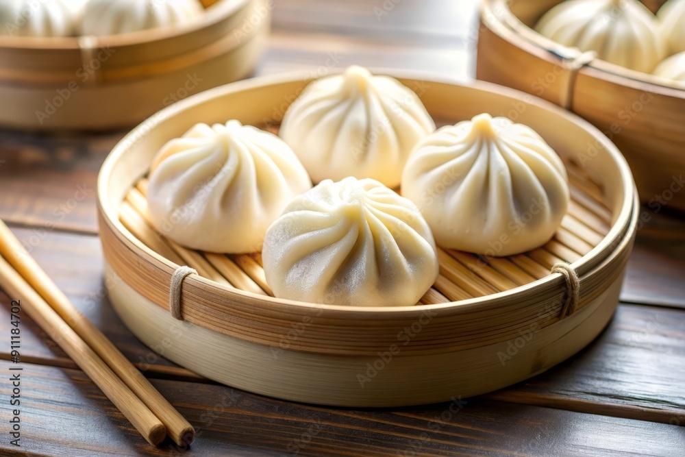 Steamed Buns in Bamboo Steamer on Wooden Table. Steamed Buns in Bamboo Steamer on Wooden Table.