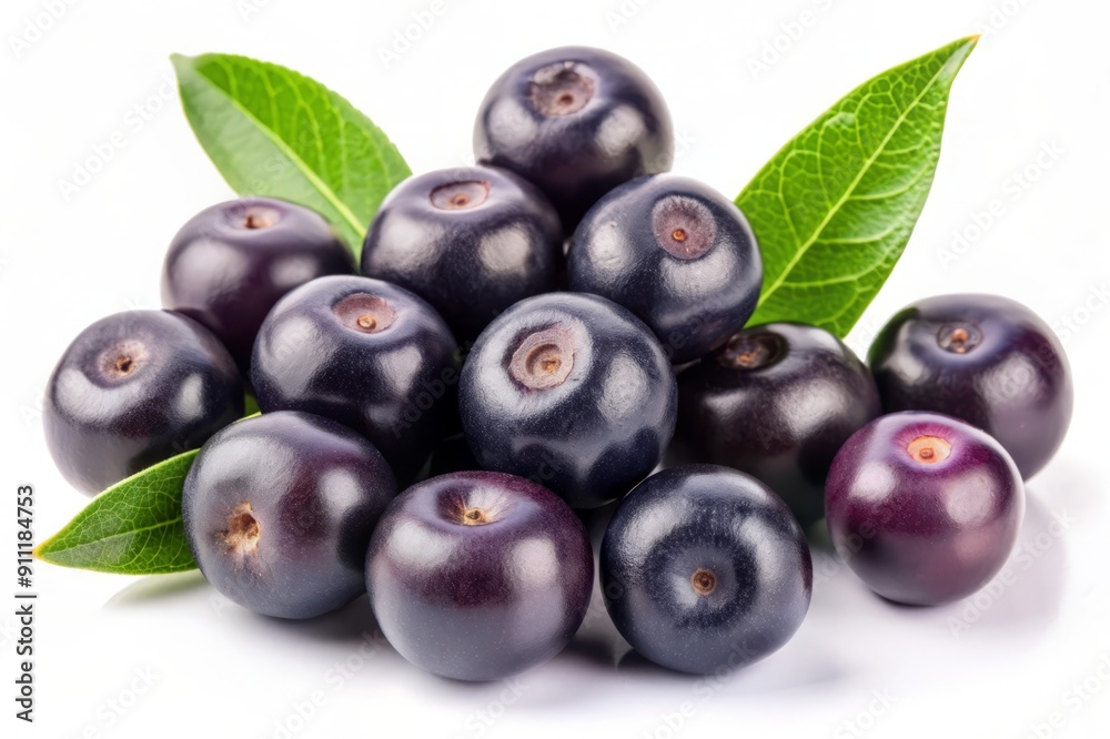 Fresh Acai Berries with Green Leaves on White Background. Fresh Acai Berries with Green Leaves on White Background.