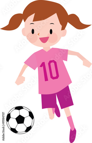 Illustration of a girl wearing pink jerseys playing soccer. Vector Illustration.

