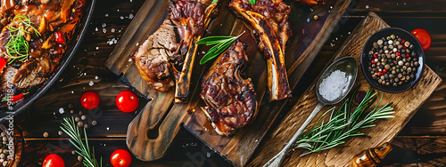 Delicious, grilled lamb chops on a rustic wooden board, brown and red, a perfect image for a restaurant menu or a food blog. 
