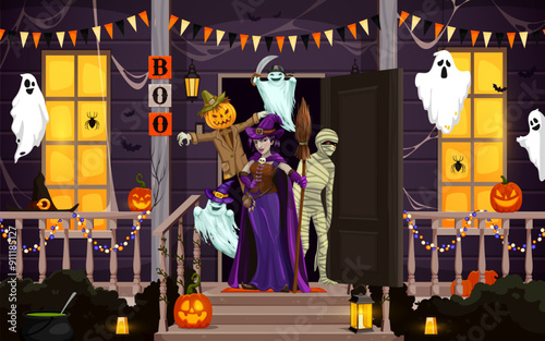 Halloween cartoon scary characters on door porch. Vector decorated cottage house facade with guests wearing costumes of witch, scarecrow, ghosts and mummy ready to celebrate All Hallows Eve with a fun