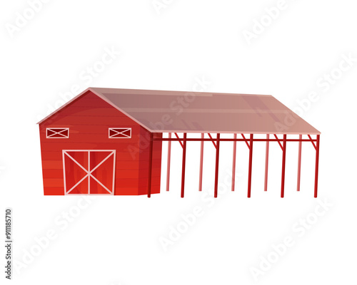 Red barn with wooden shed for hay storage, horse or cow stalls vector illustration