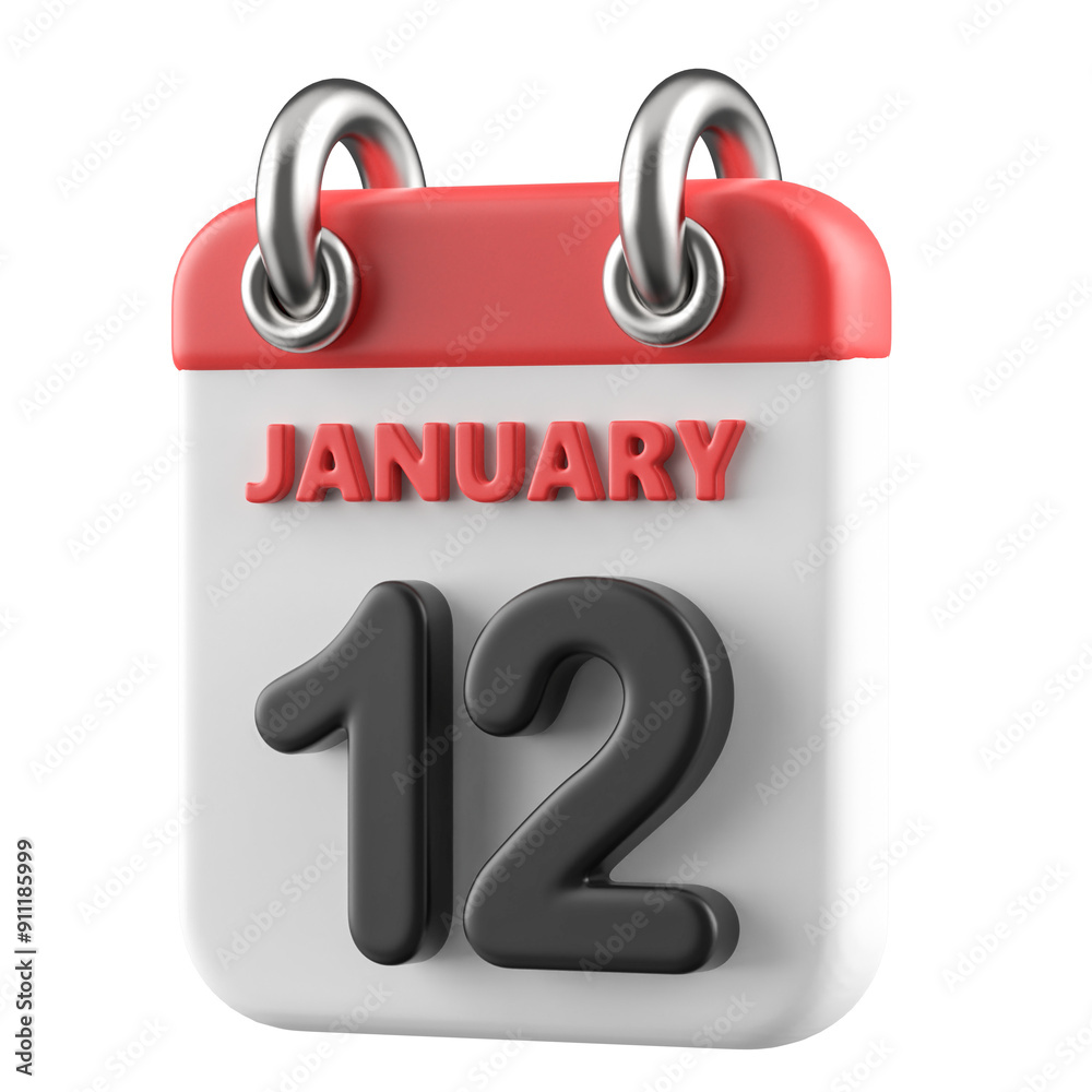 12th January Calendar Icon 3D Render 12th January Calendar Icon 3D Render