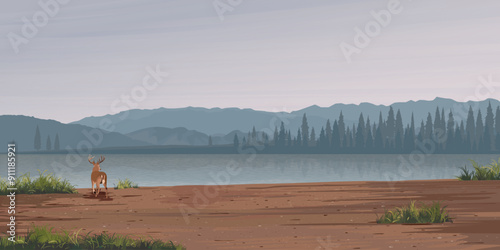 Minimalism landscape side view of muddy area with deer, lake, pine forest and mountain ranges  graphic illustration have blank space