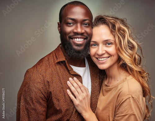 Joli couple mixte hétérosexuel, trentenaires, souriants, stylé, tendresse et complicité photo