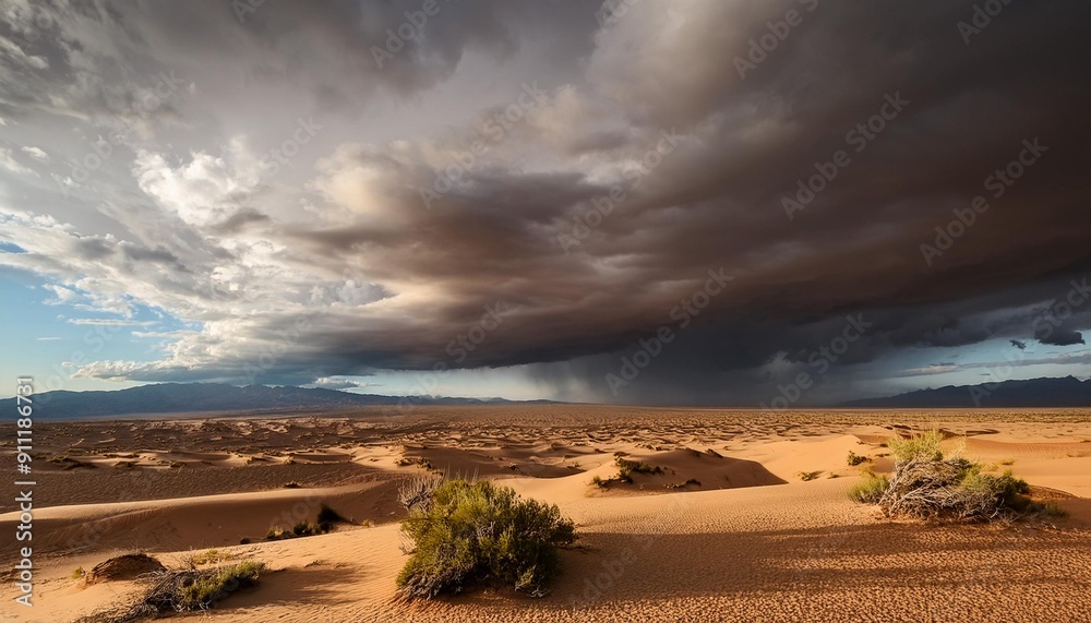 Dramatic Storm Clouds Over a Rolling Desert Landscape Dramatic Storm Clouds Over a Rolling Desert Landscape