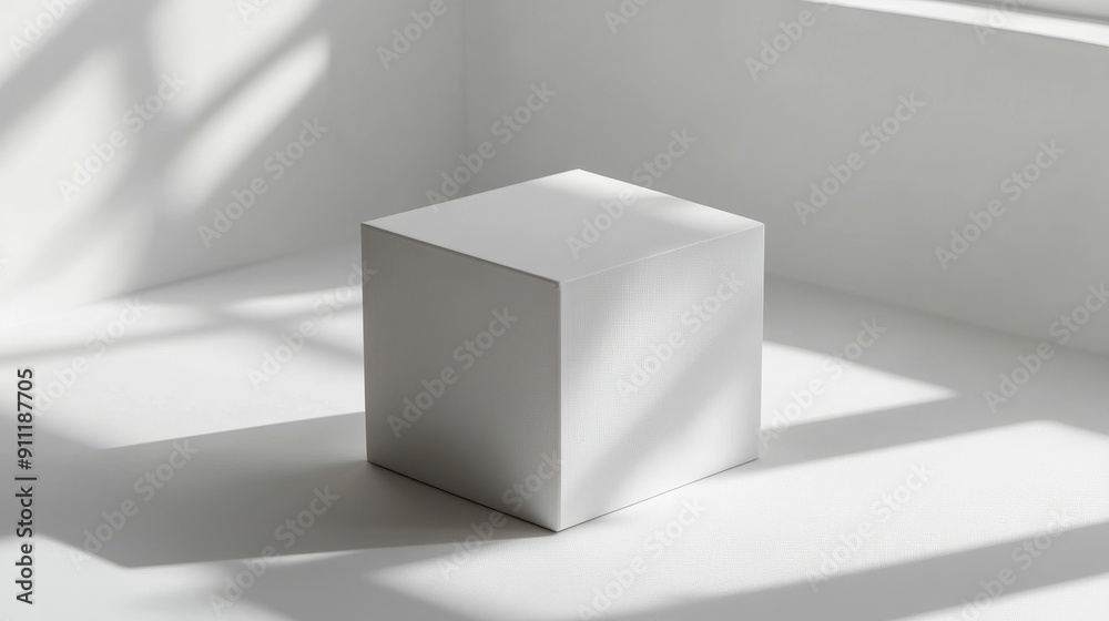 Medium shot of a realistic 3D box mockup with soft natural light casting gentle shadows on a white studio backdrop Medium shot of a realistic 3D box mockup with soft natural light casting gentle shadows on a white studio backdrop