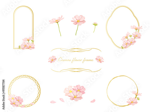 ピンクのコスモスの花飾りが綺麗なフレームイラストセット