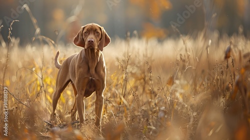 standing vizsla dog in the field