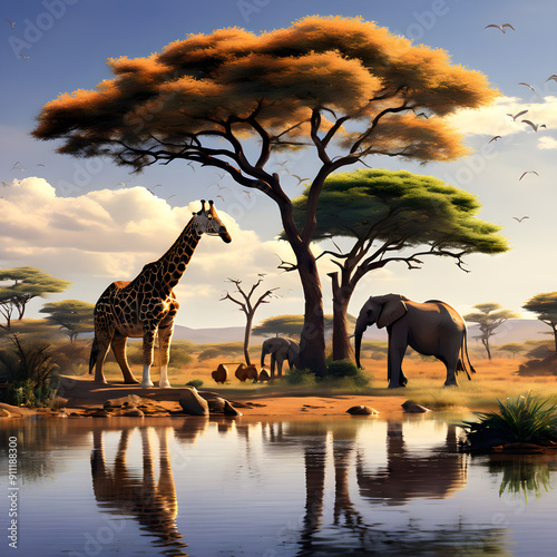 African wild landscape with giraffe and elephant in the savanna, fauna and flora, for safari parks or reserve. Group of animals are reflected in lake along with tree