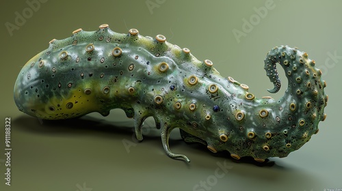 A detailed, realistic sea cucumber with textured skin, against a solid olive green background photo