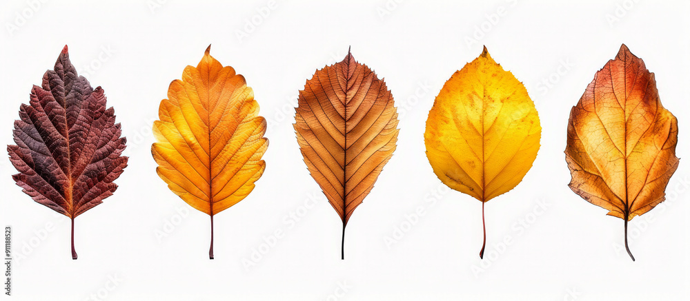Obraz premium Five colorful autumn leaves showing a range of colors from yellow to brown are isolated on a white background