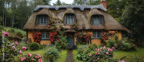 A charming country cottage with a thatched roof and a garden with pink flowers
