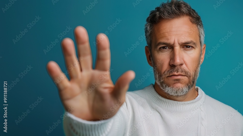 Naklejka premium Portrait of white man doing stop sing with palm of hand. Warning expression with negative and serious gesture on face