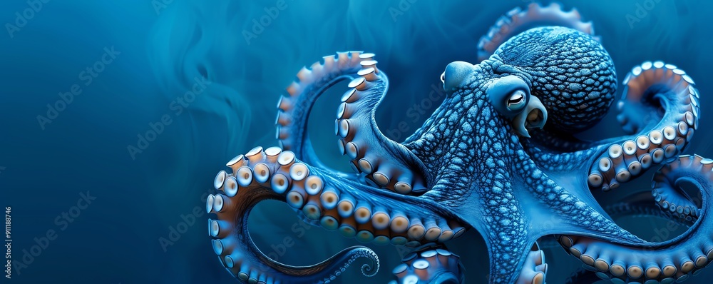Fototapeta premium A realistic octopus with extended tentacles, on a solid navy blue background