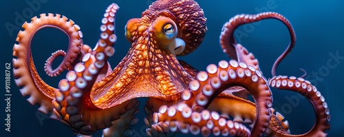 Wallpaper Mural A realistic octopus with extended tentacles, on a solid navy blue background Torontodigital.ca