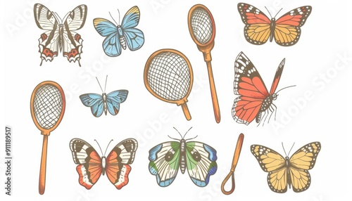 Colorful Butterflies and Vintage Nets in Nature Scene With Intricate Designs and Details
