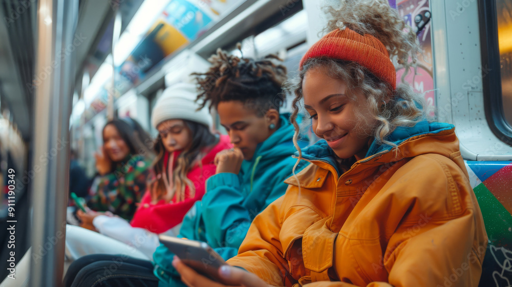 Multiracial Teenagers Using Smartphone on Busy Subway Train. Generative ai. Multiracial Teenagers Using Smartphone on Busy Subway Train. Generative ai.