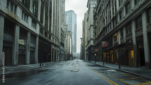 A deserted city street showcases tall buildings and a somber atmosphere under cloudy skies with scattered debris on the pavement